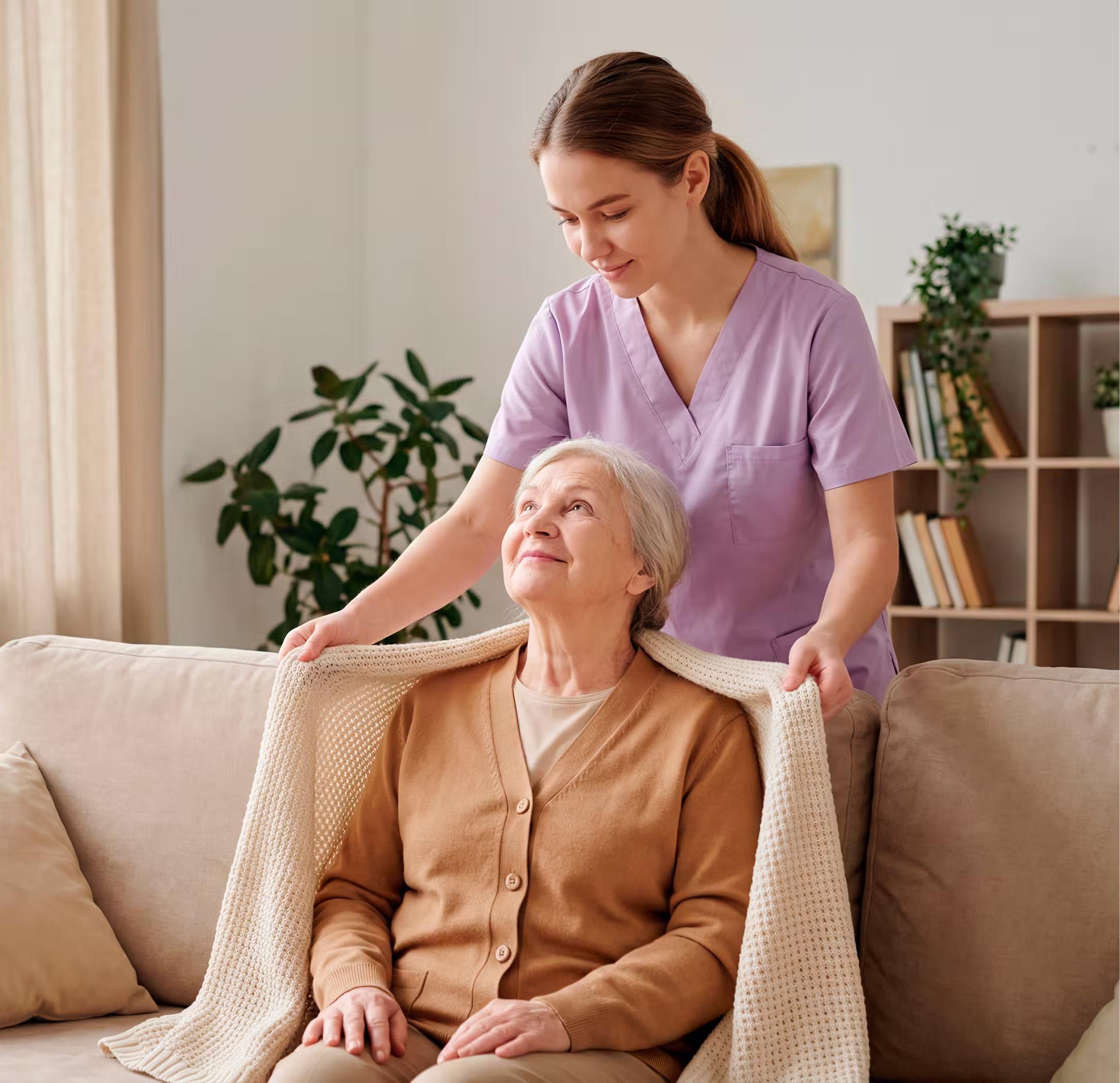 Staff member supporting senior resident with mobility